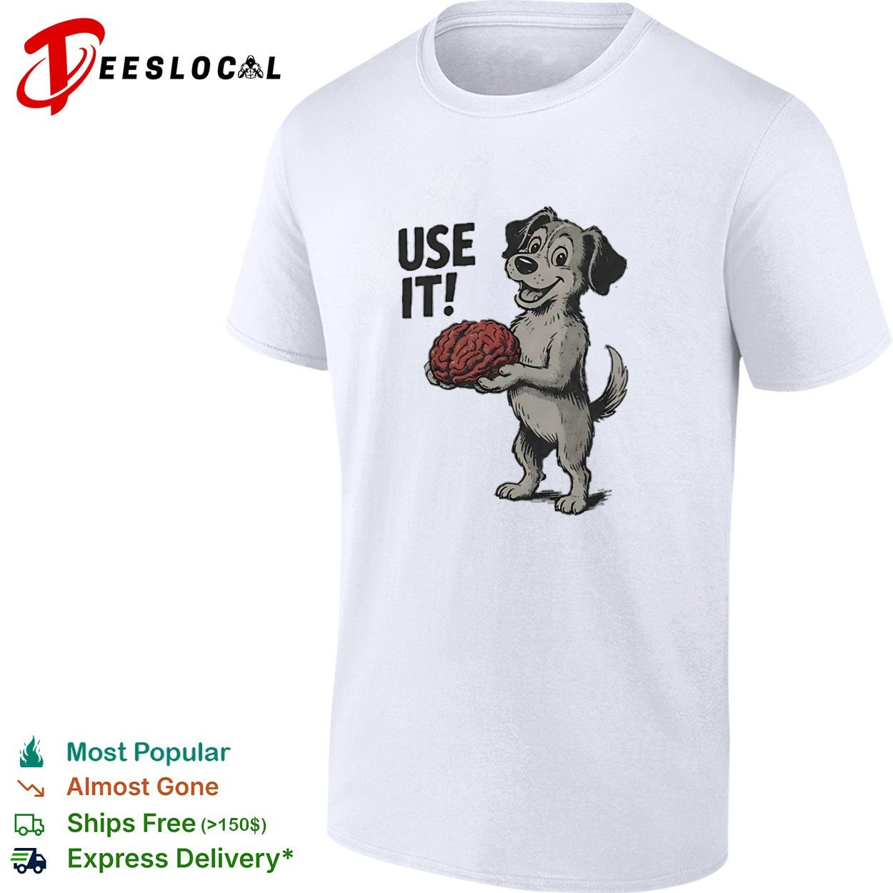 Cartoon dog smiling and holding a large brain use it meme shirt