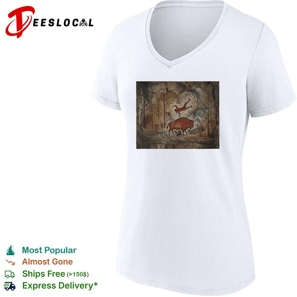 Cave Painting Style Bison and Hunter prehistoric art shirt