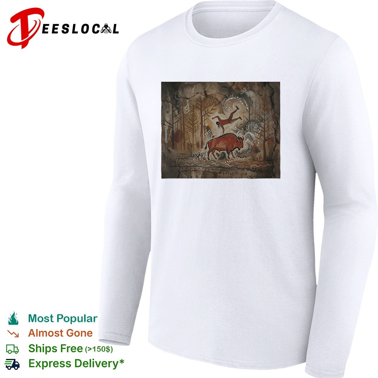 Cave Painting Style Bison and Hunter prehistoric art shirt