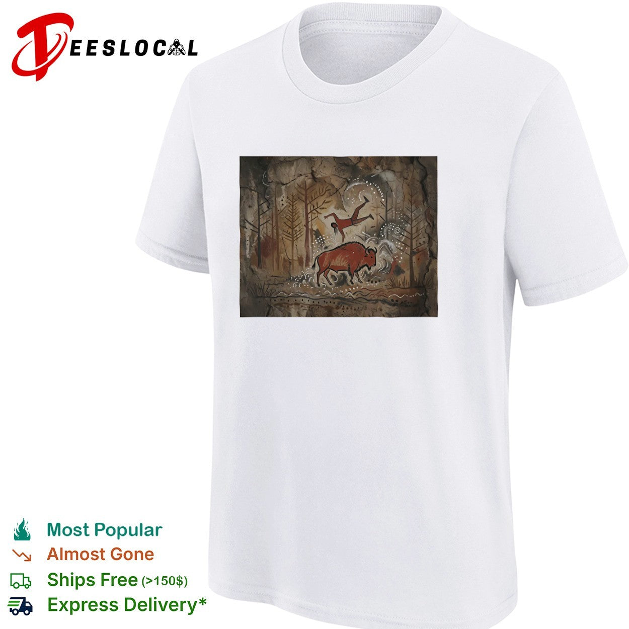 Cave Painting Style Bison and Hunter prehistoric art shirt