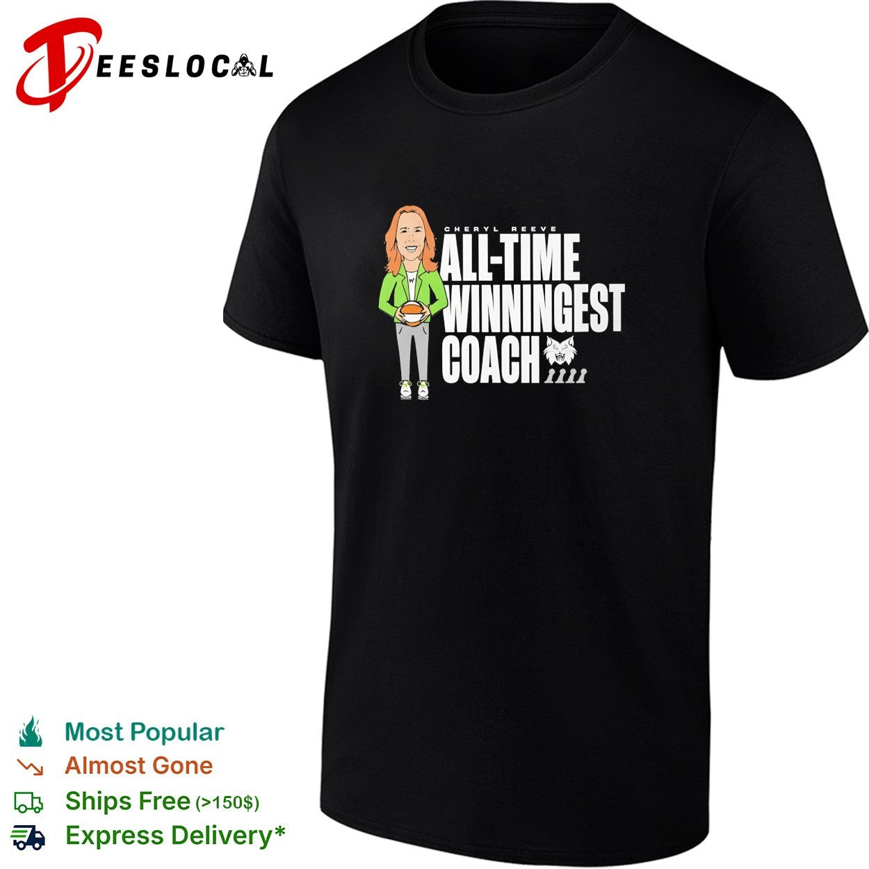 Cheryl Reeve all time winningest coach holding basketball Lynx mascot shirt