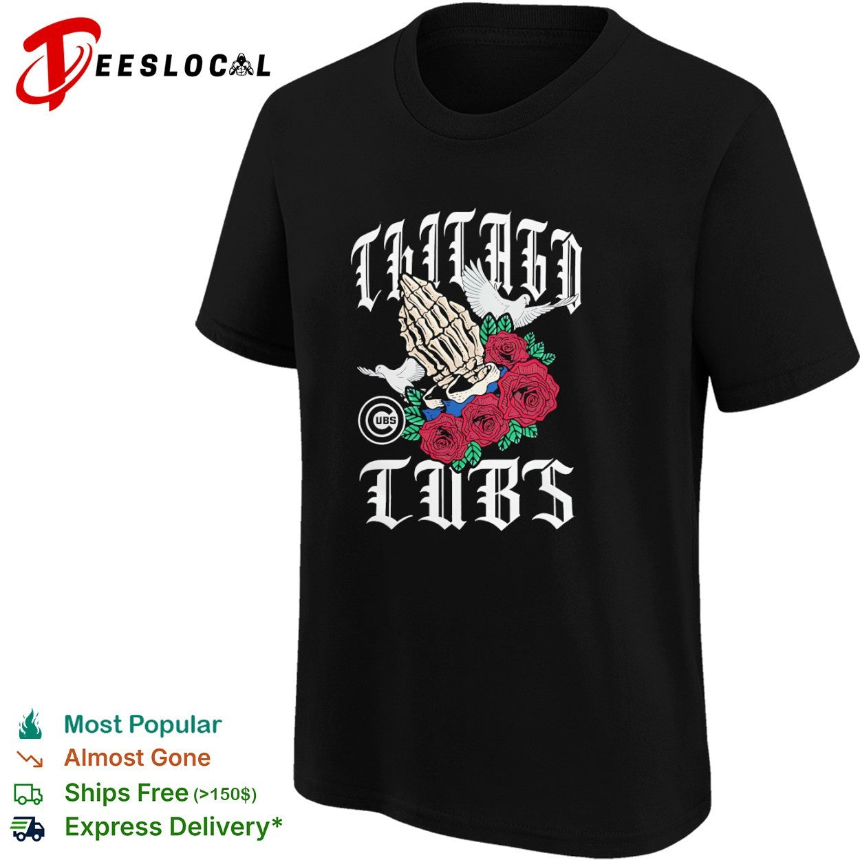 Chicago Cubs Skeleton Hands Praying Roses and Doves shirt