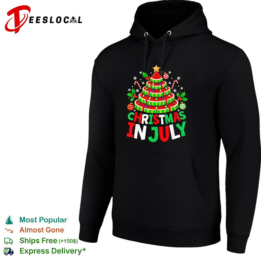 Christmas in July watermelon layered tree with string lights candy canes ornaments shirt