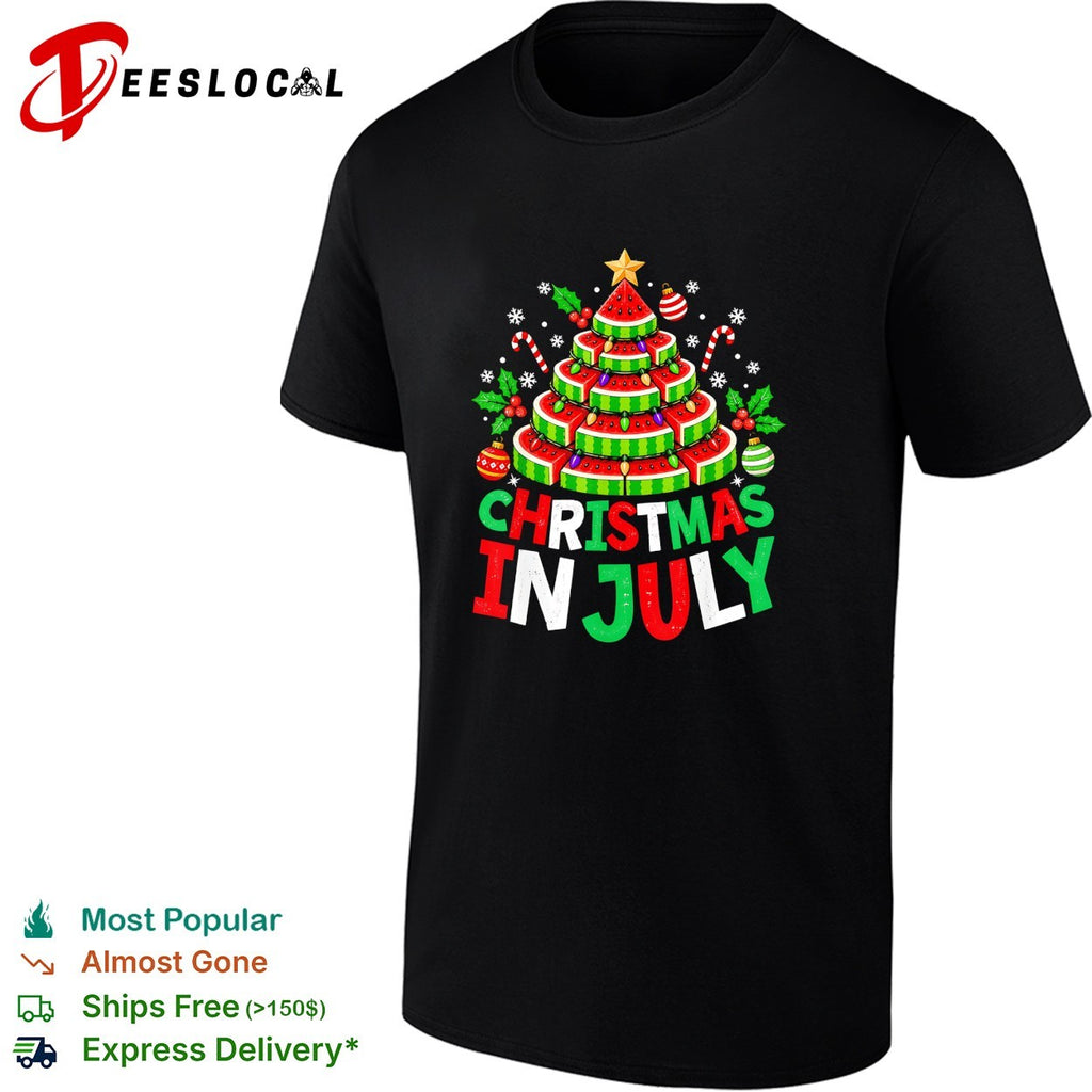 Christmas in July watermelon layered tree with string lights candy canes ornaments shirt