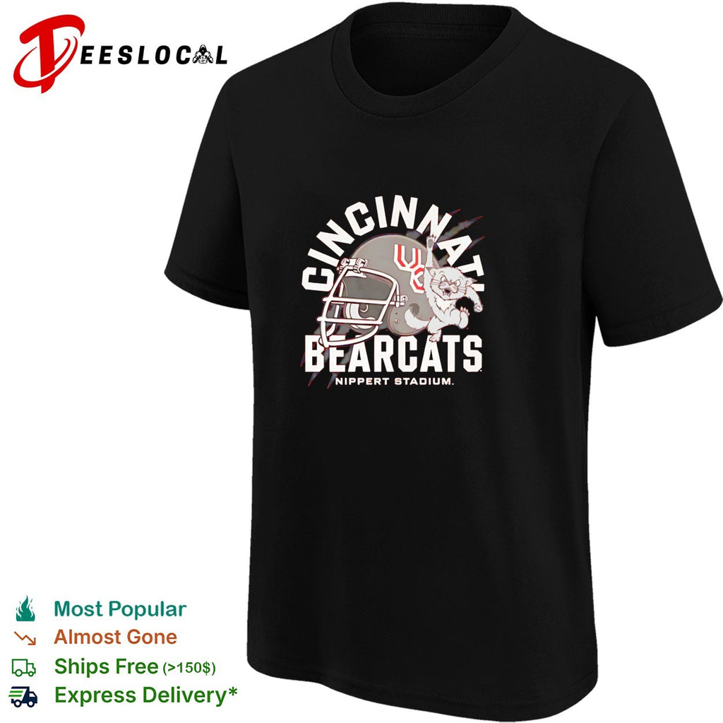 Cincinnati Bearcats football helmet with mascot bearcat Nippert Stadium shirt