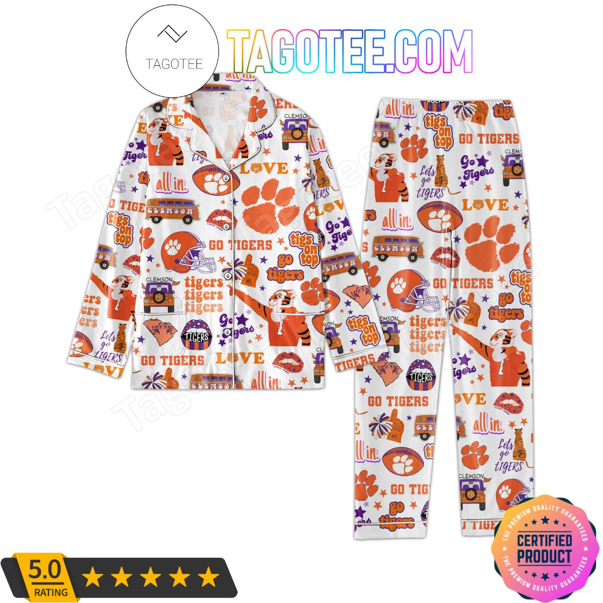 Clemson Tigers Love Pattern Sleepwear Pajama Pjs Set