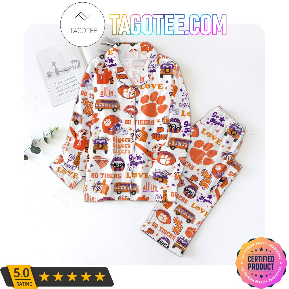 Clemson Tigers Love Pattern Sleepwear Pajama Pjs Set
