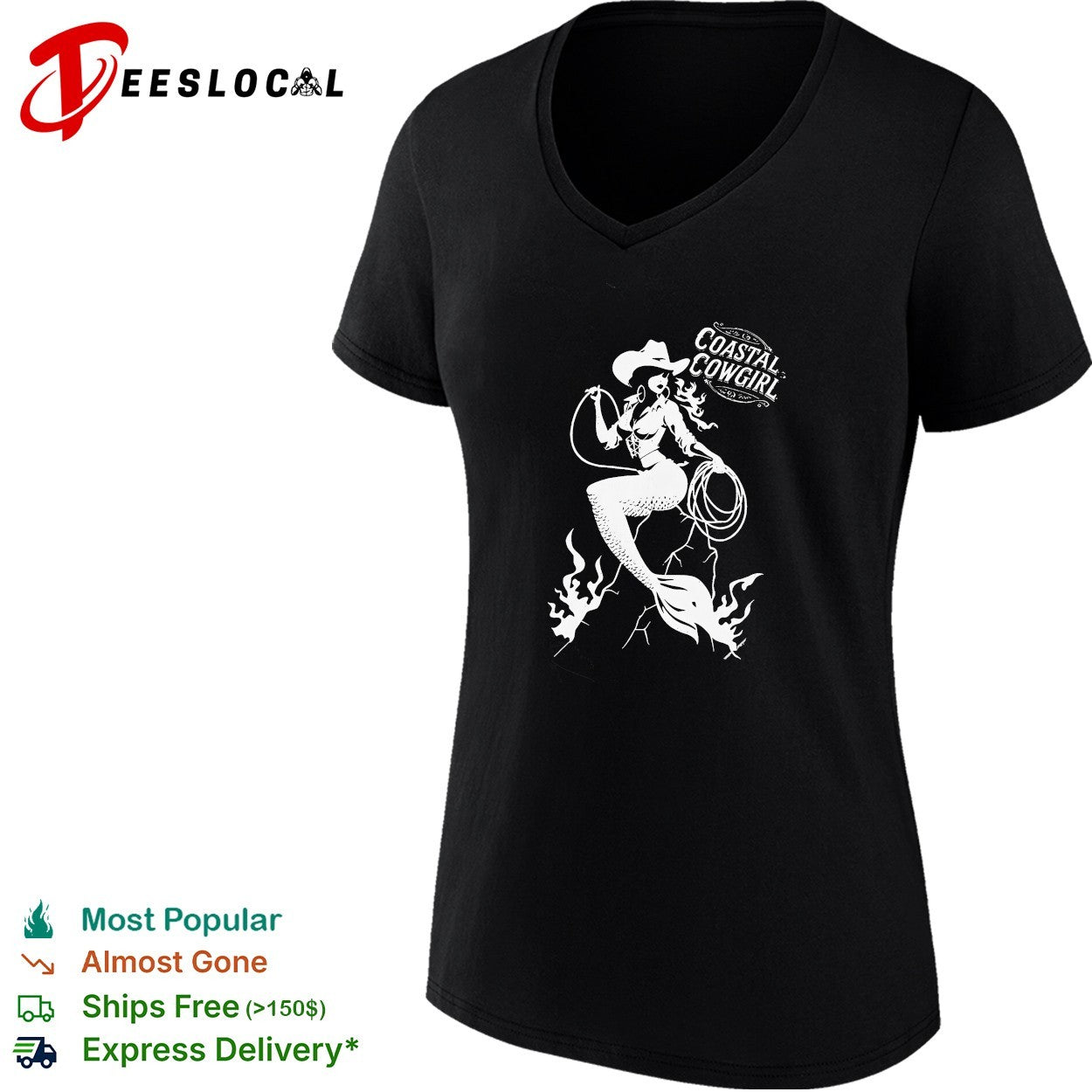 Coastal Cowgirl mermaid wearing cowboy hat holding lasso western pinup badge shirt