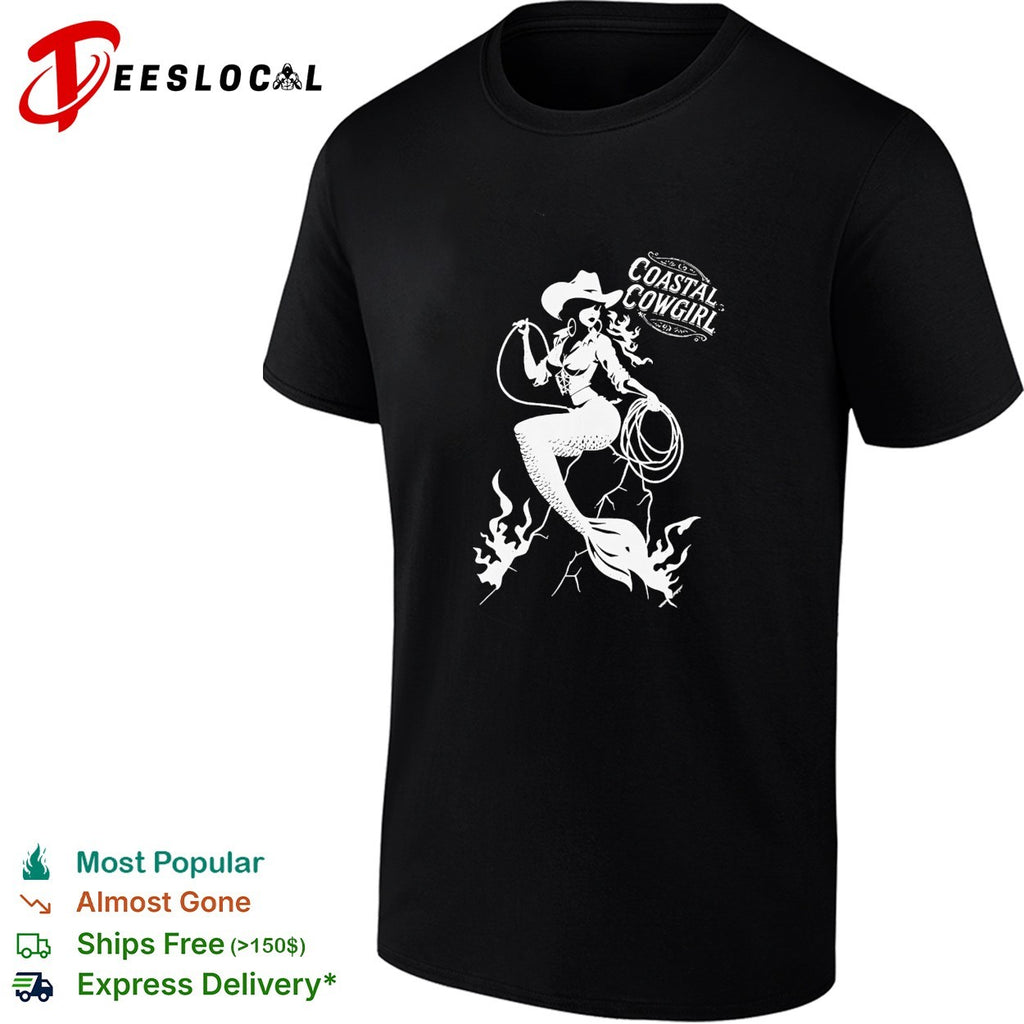 Coastal Cowgirl mermaid wearing cowboy hat holding lasso western pinup badge shirt