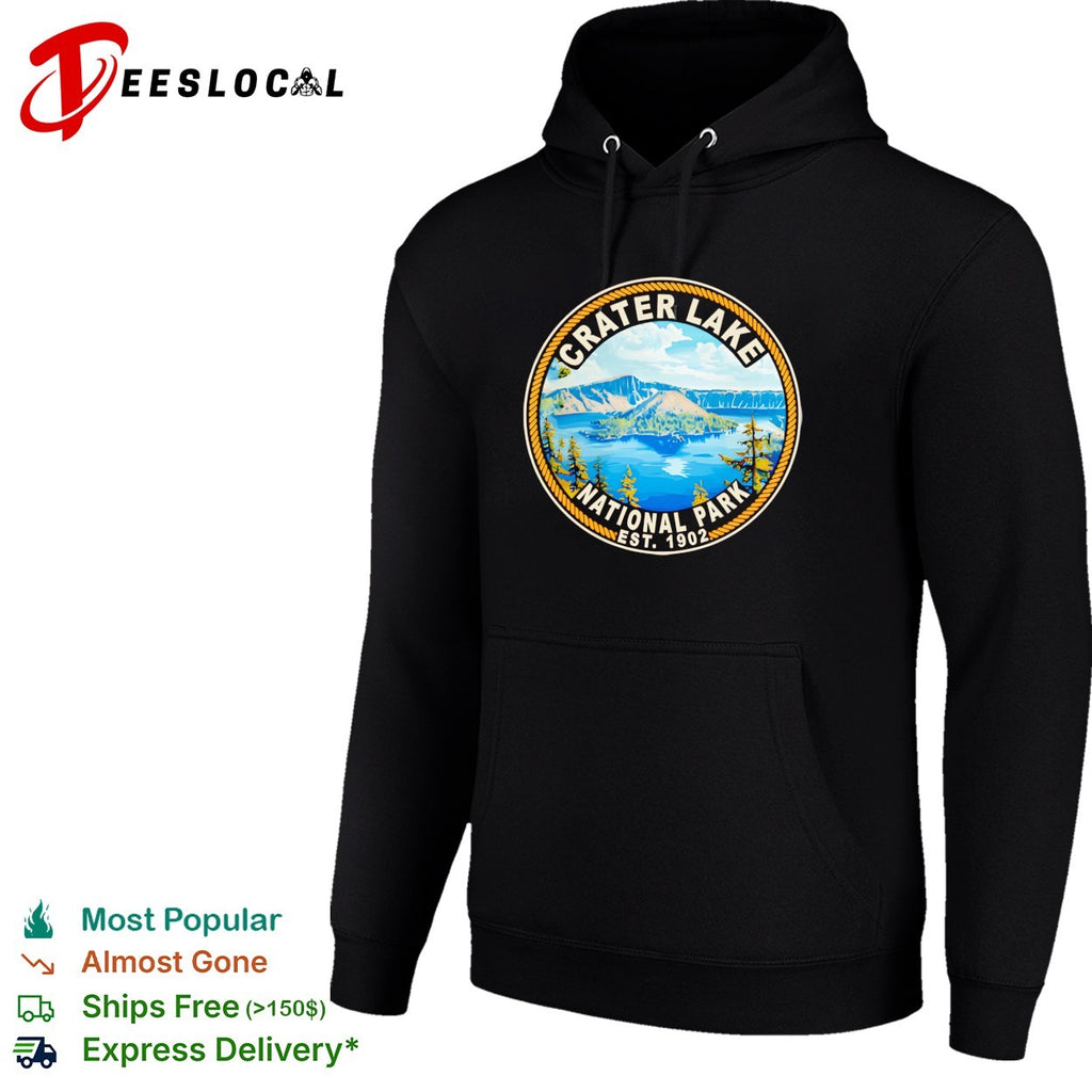 Crater Lake National Park badge with mountains and pine trees est 1902 shirt
