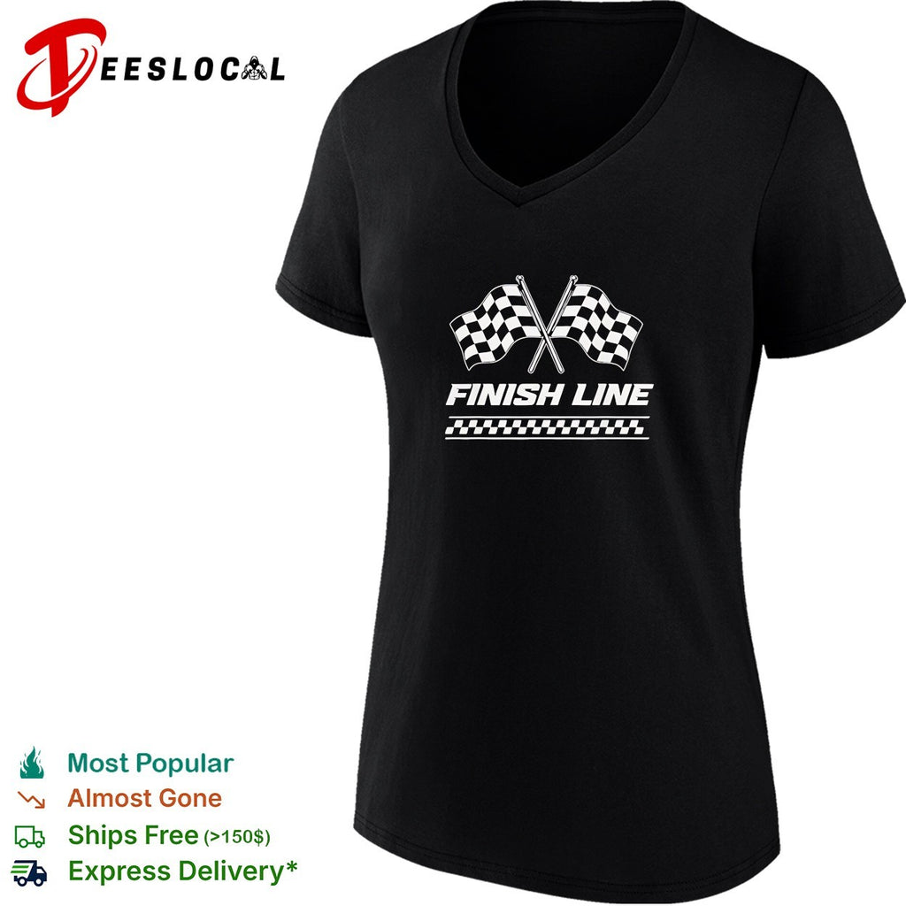 Crossed checkered racing flags crossing above bold finish line banner shirt