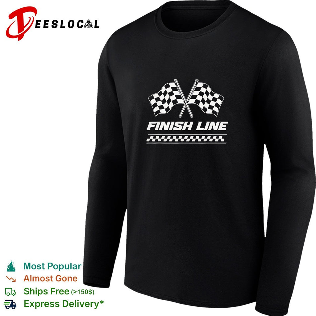 Crossed checkered racing flags crossing above bold finish line banner shirt