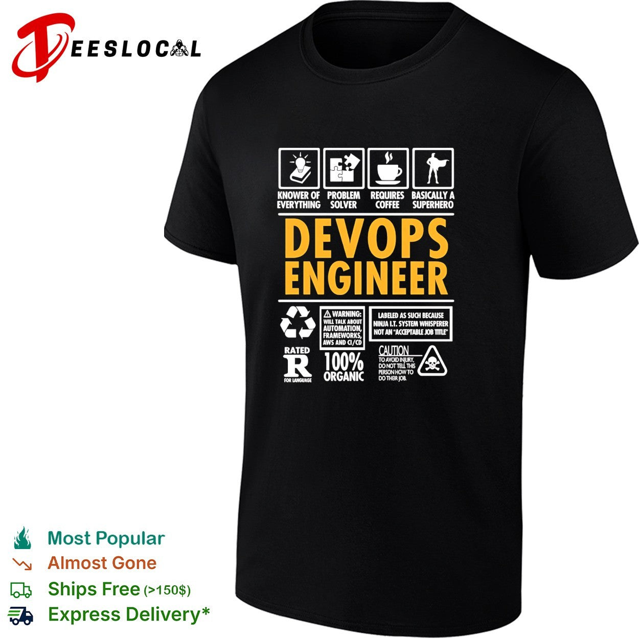 DevOps engineer humorous infographic icons knower of everything superhero shirt