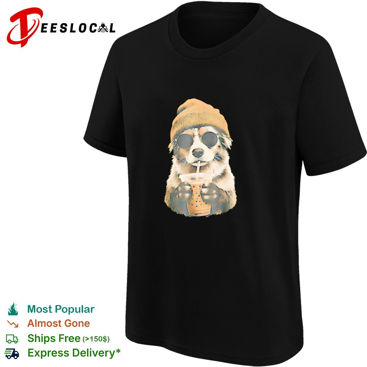Dog wearing beanie and sunglasses drinking iced boba tea with straw cool shirt