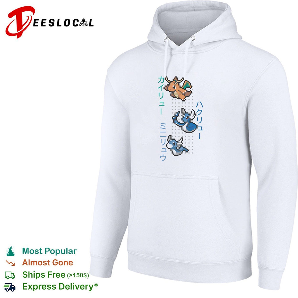 Dratini Dragonair and Dragonite pixel art evolution line with Japanese names shirt