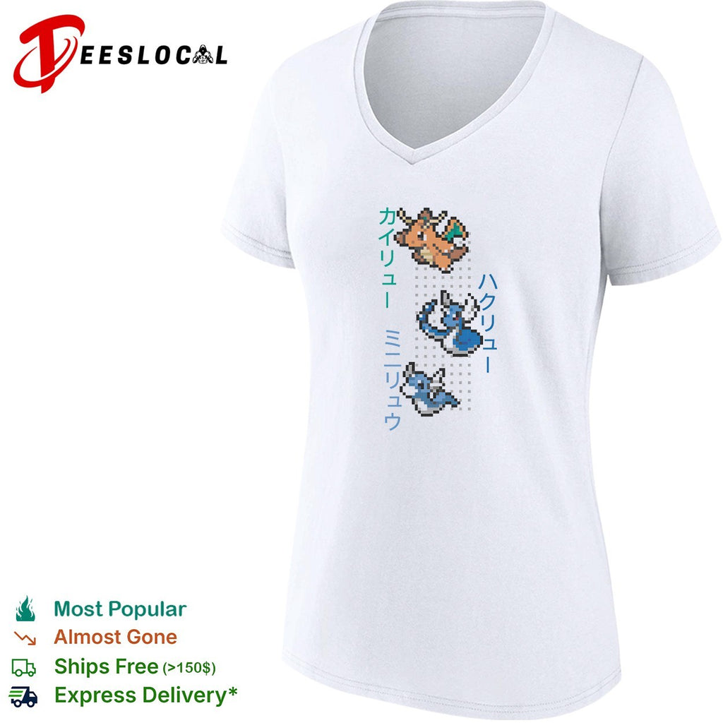Dratini Dragonair and Dragonite pixel art evolution line with Japanese names shirt