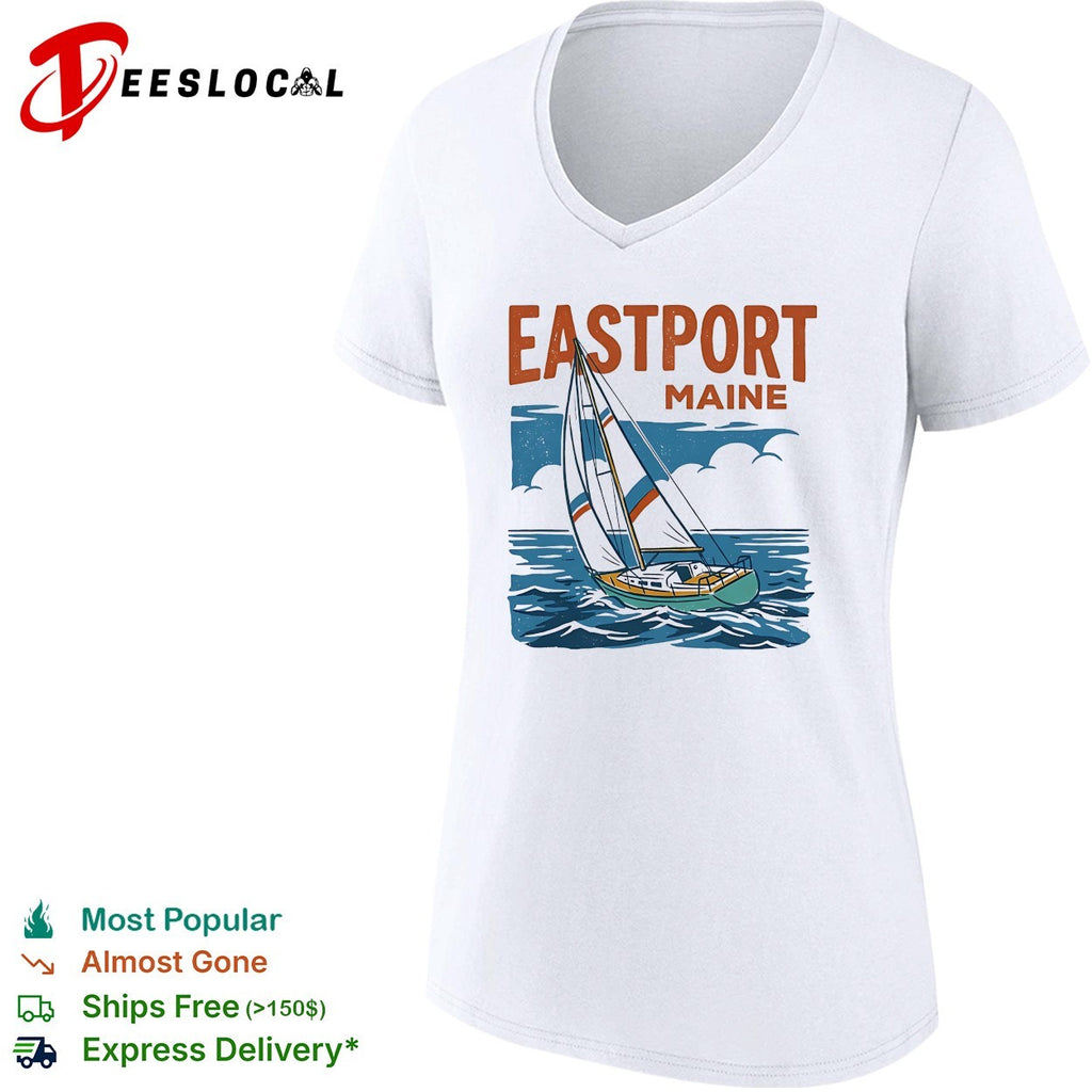 Eastport Maine sailboat sailing across ocean waves with clouds overhead shirt