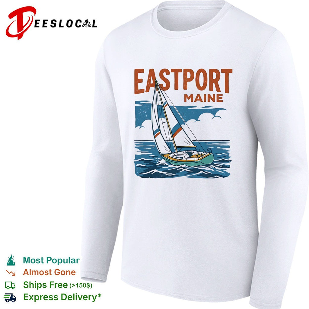 Eastport Maine sailboat sailing across ocean waves with clouds overhead shirt