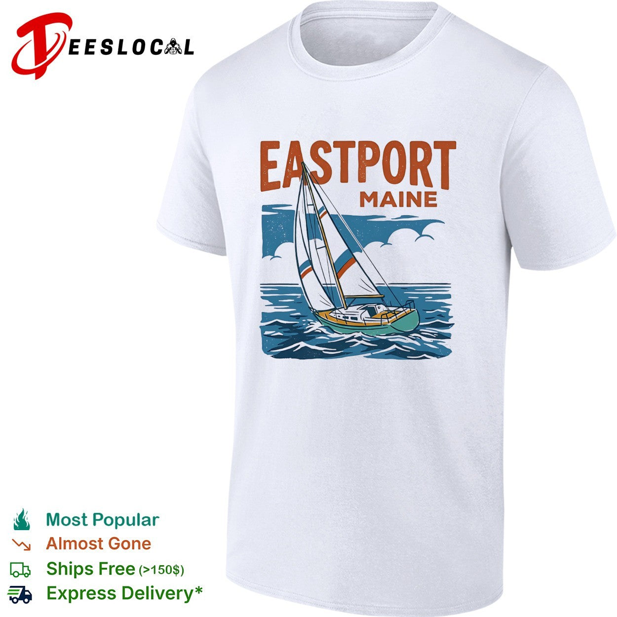 Eastport Maine sailboat sailing across ocean waves with clouds overhead shirt