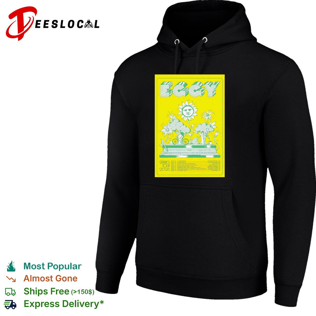 Eggy spring tour 2026 poster with smiling sun face growing from piano trees shirt