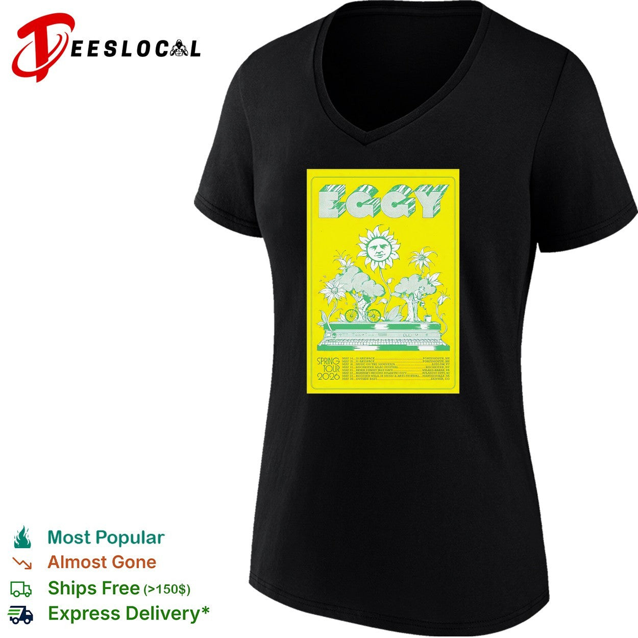 Eggy spring tour 2026 poster with smiling sun face growing from piano trees shirt