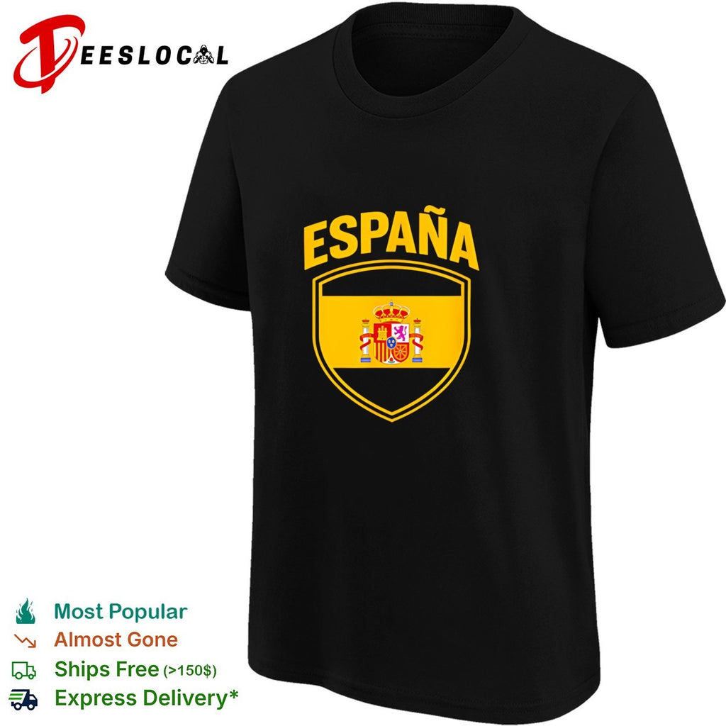 Espana Spanish flag coat of arms crest displayed inside shield badge emblem shirt
