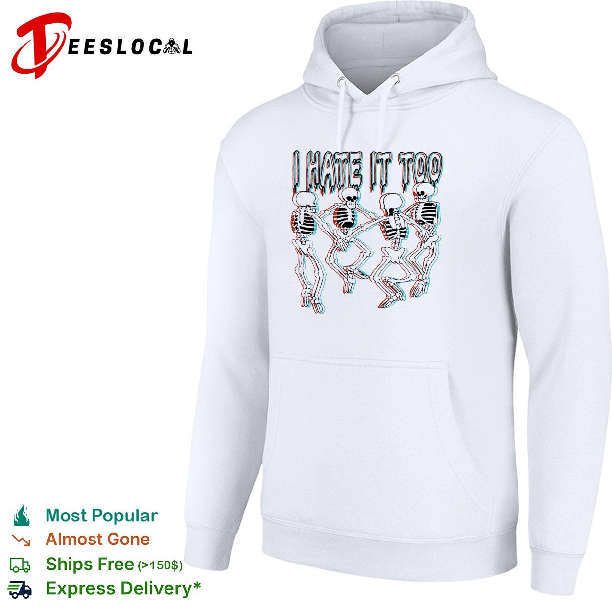 Four skeletons dancing in a row holding hands I hate it too 3D glasses effect shirt