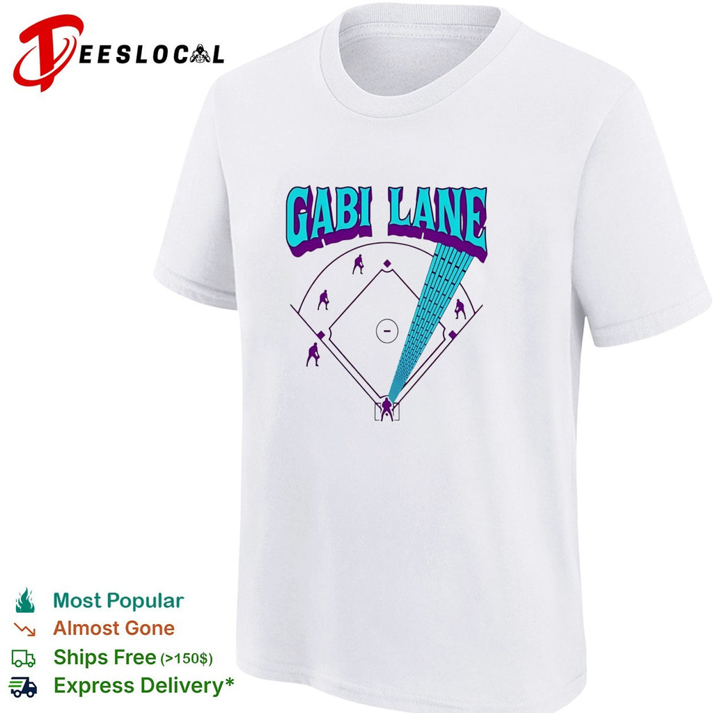 Gabi Lane pitching on baseball diamond with lightning bolt trail to home plate shirt