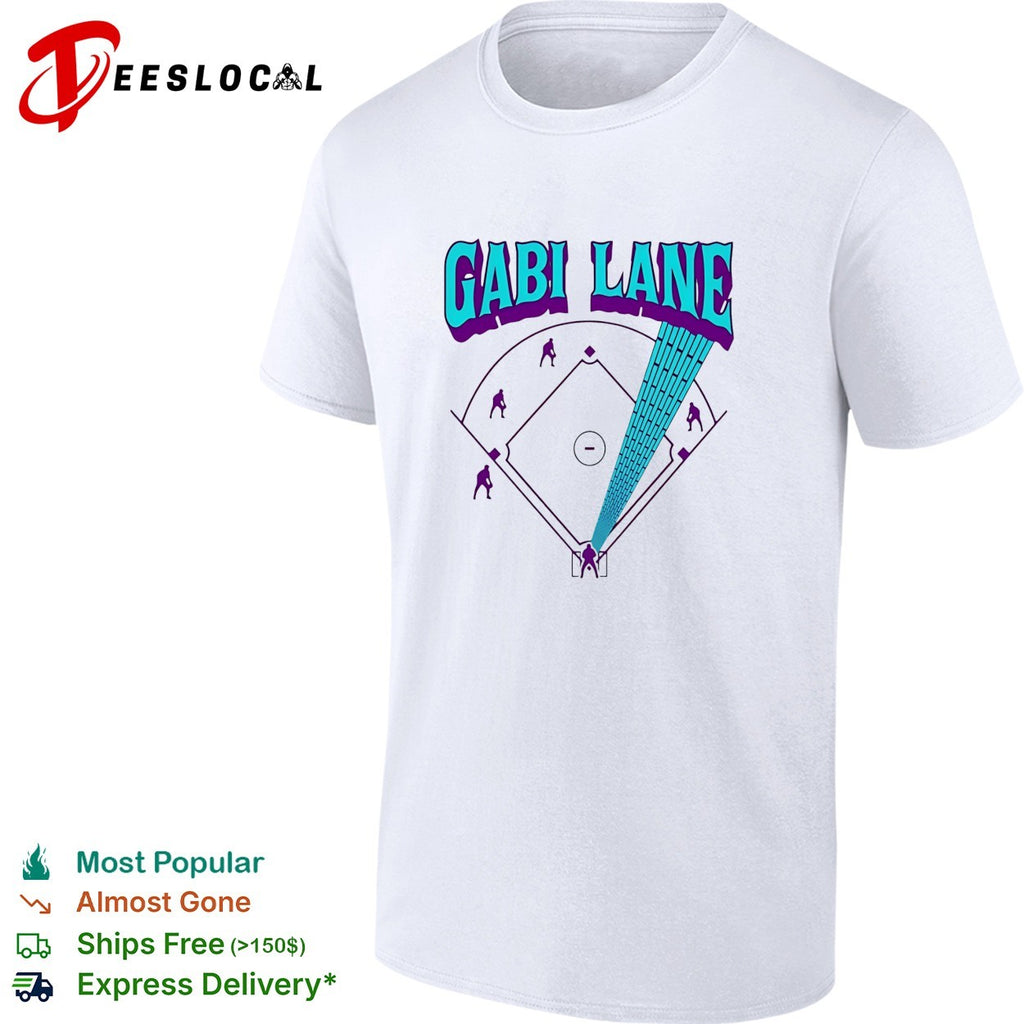 Gabi Lane pitching on baseball diamond with lightning bolt trail to home plate shirt
