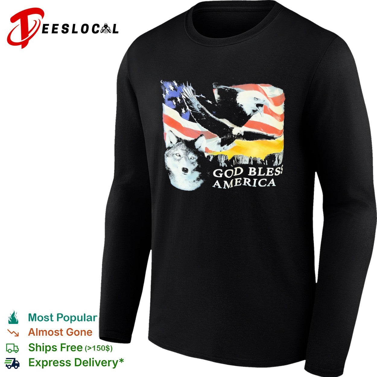 God Bless America Bald Eagle and Wolf Patriotic shirt