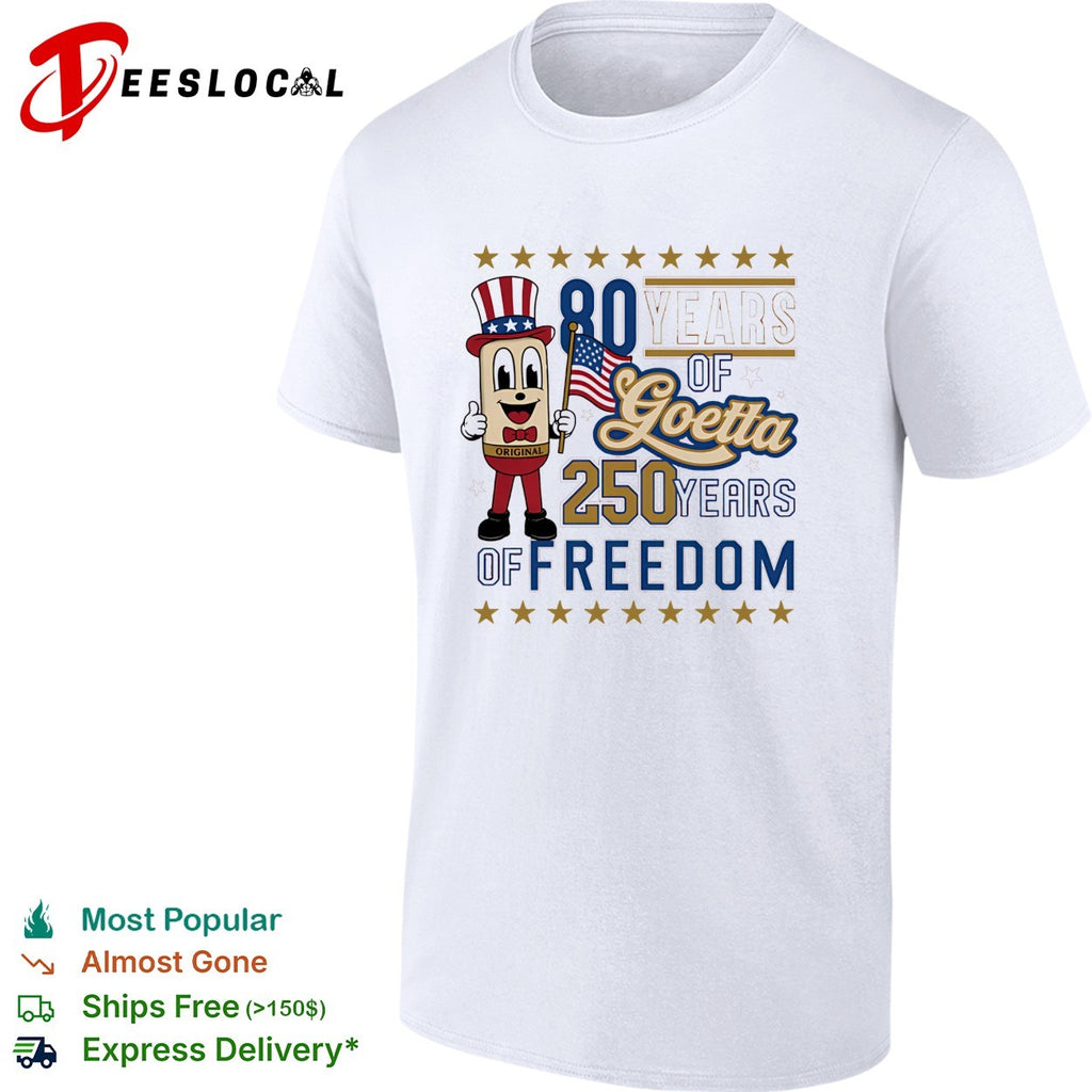 Goetta mascot waving american flag 80 years of goetta 250 years of freedom shirt