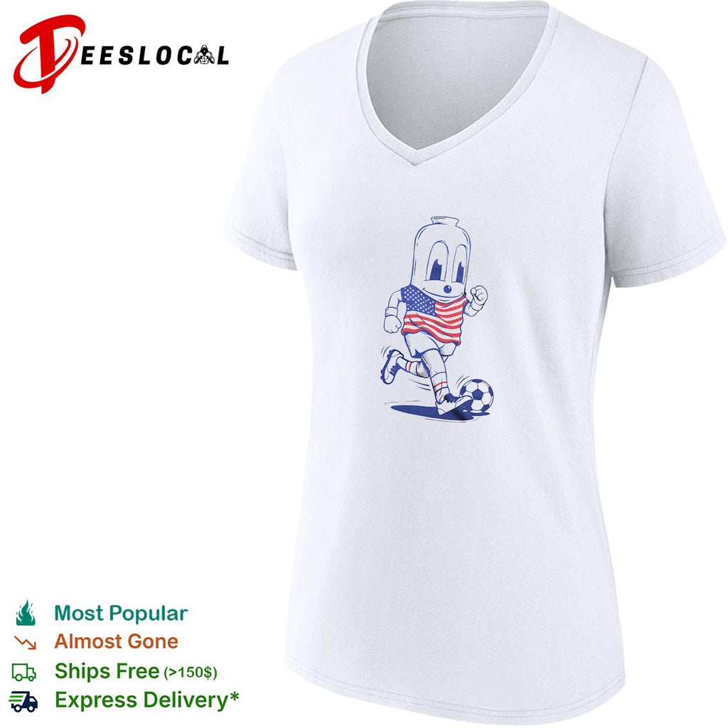 Goetta mascot wearing american flag jersey running and kicking soccer ball shirt