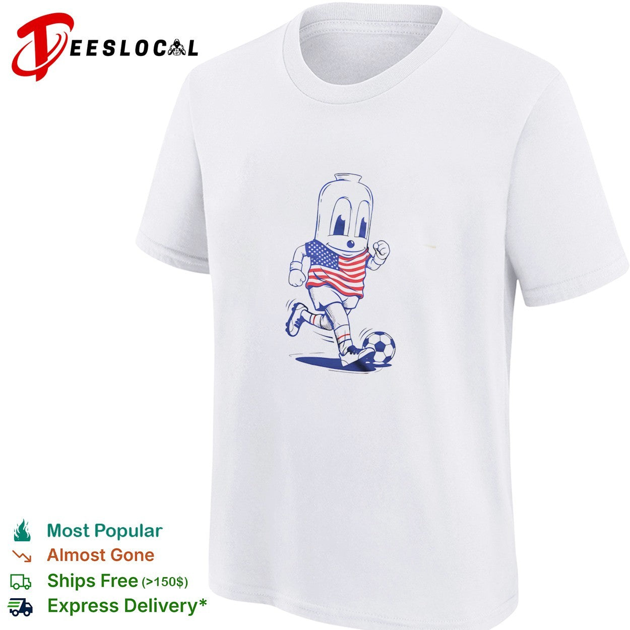 Goetta mascot wearing american flag jersey running and kicking soccer ball shirt
