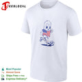 Goetta mascot wearing american flag jersey running and kicking soccer ball shirt