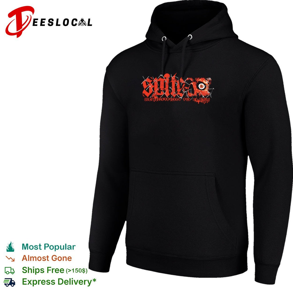 Gothic red band logo wrapped in barbed wire with bloody eye dedication to flesh shirt