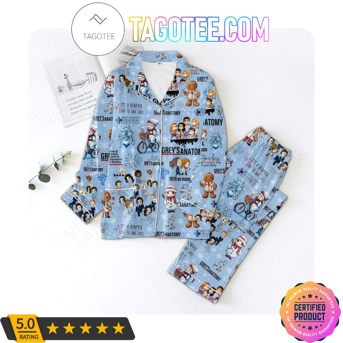 Grey’s Anatomy Christmas Shirt Pant PJ Pajamas Set