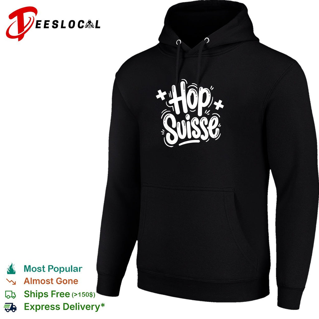 Hop Suisse bold hand lettering with swiss cross and stars celebration shirt