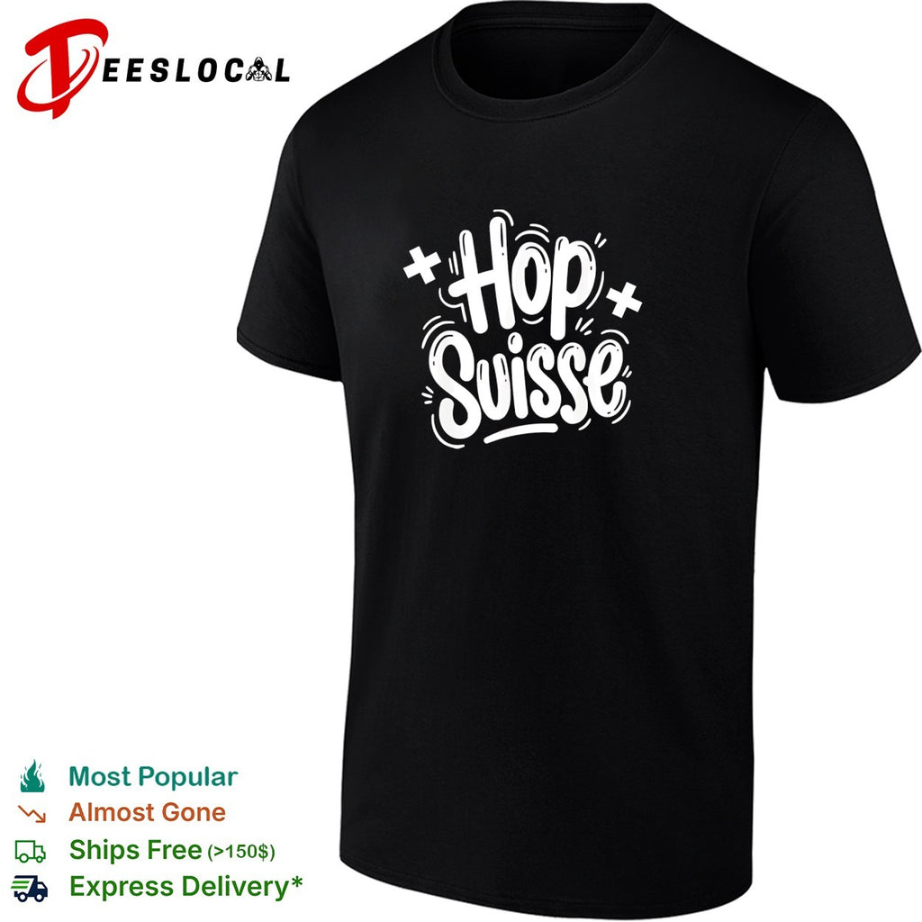 Hop Suisse bold hand lettering with swiss cross and stars celebration shirt