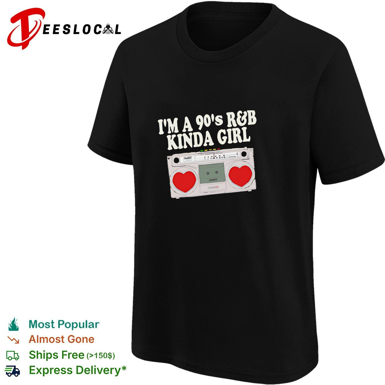 I’m a 90’s R and B kinda girl retro boombox playing with two big hearts shirt