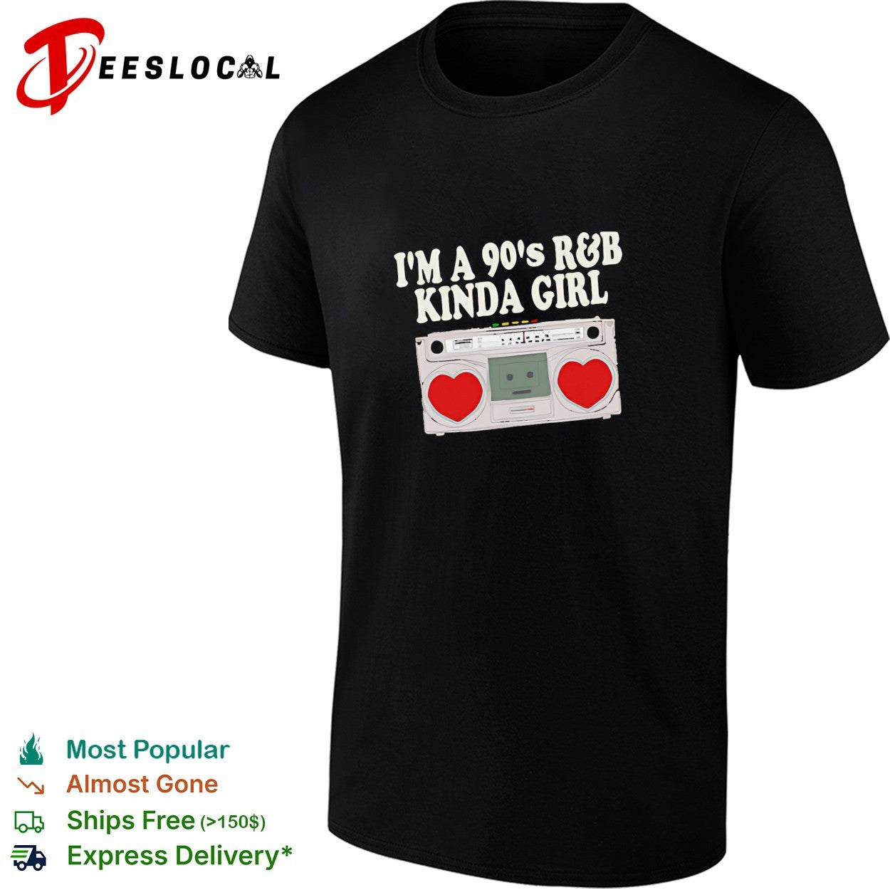 I’m a 90’s R and B kinda girl retro boombox playing with two big hearts shirt
