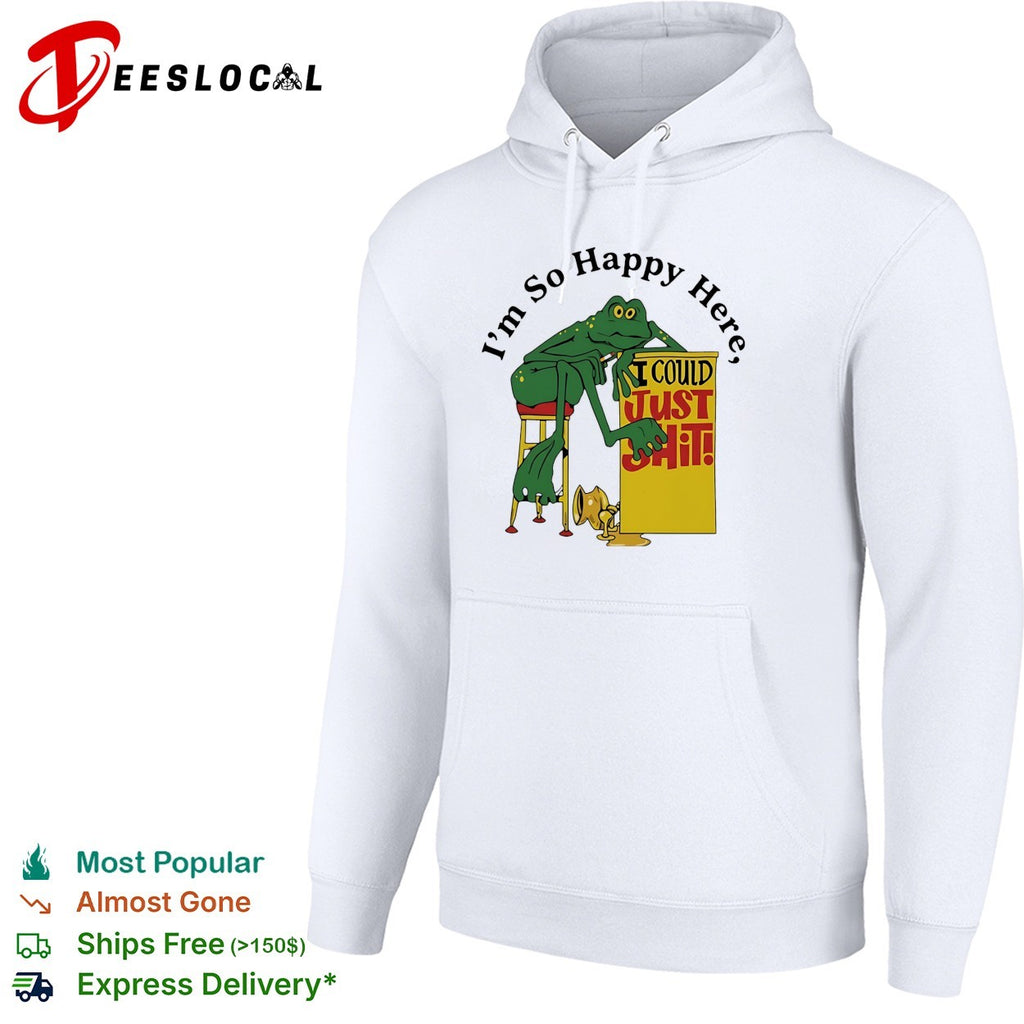 Im so happy here I could just shit frog leaning on stool smoking cigarette shirt