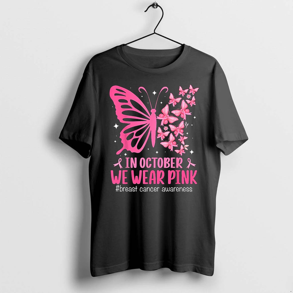 In October We Wear Pink Breast Cancer Awareness Butterfly Tshirts Sweater