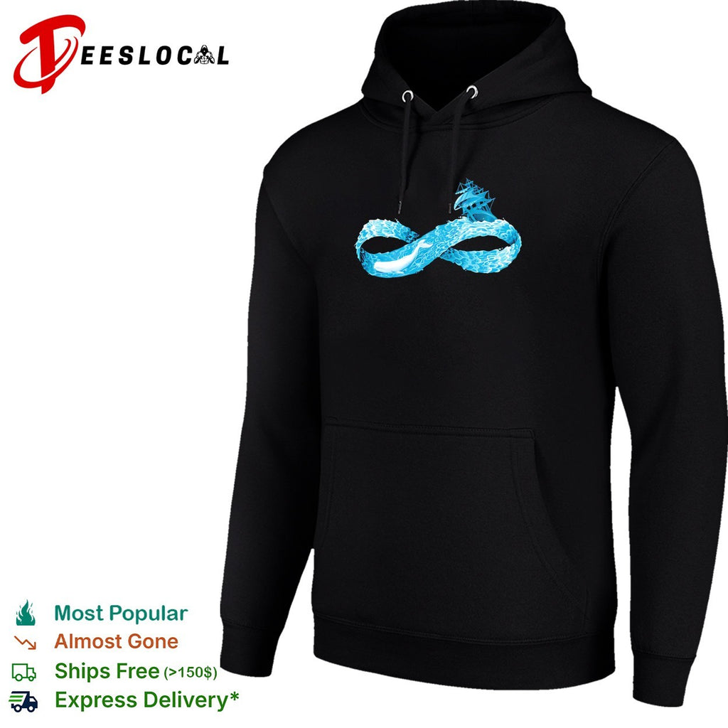 Infinity symbol formed by ocean waves whale swimming beneath sailing ship shirt