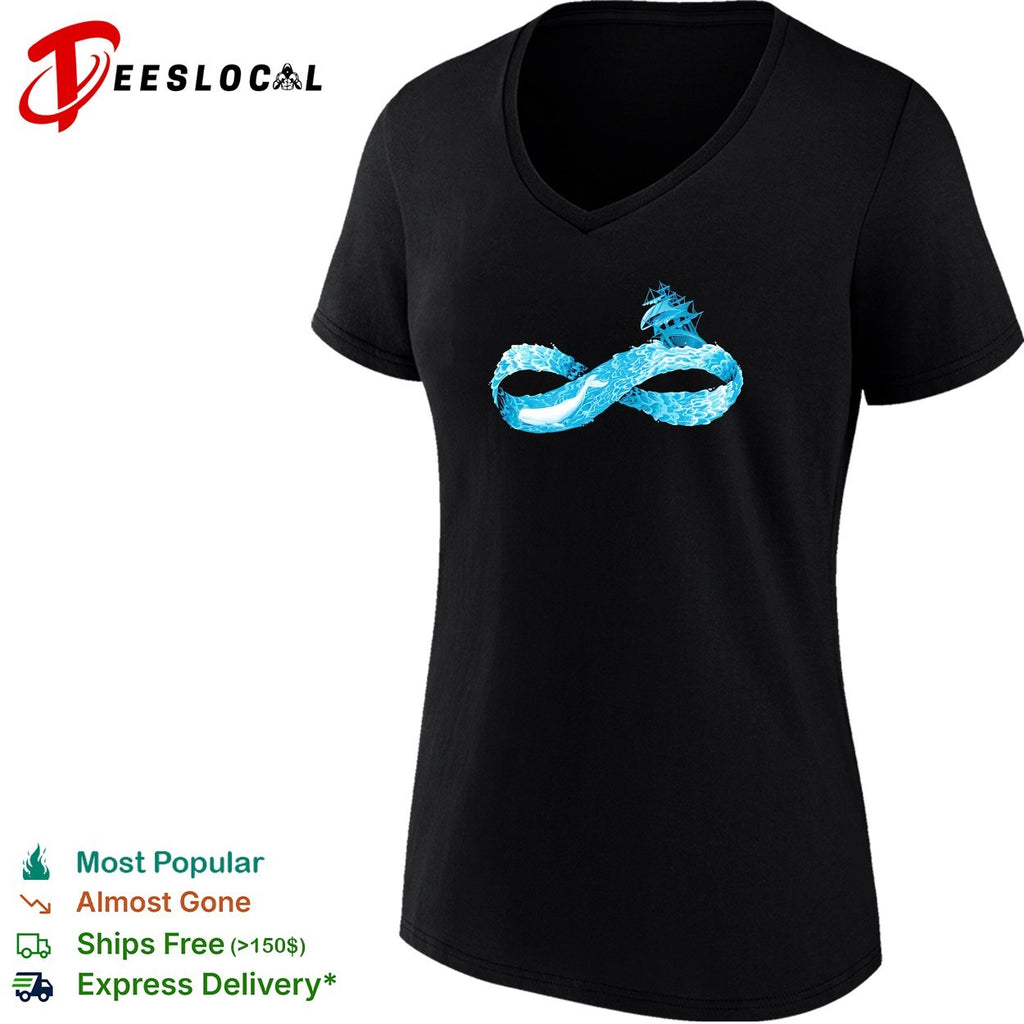 Infinity symbol formed by ocean waves whale swimming beneath sailing ship shirt