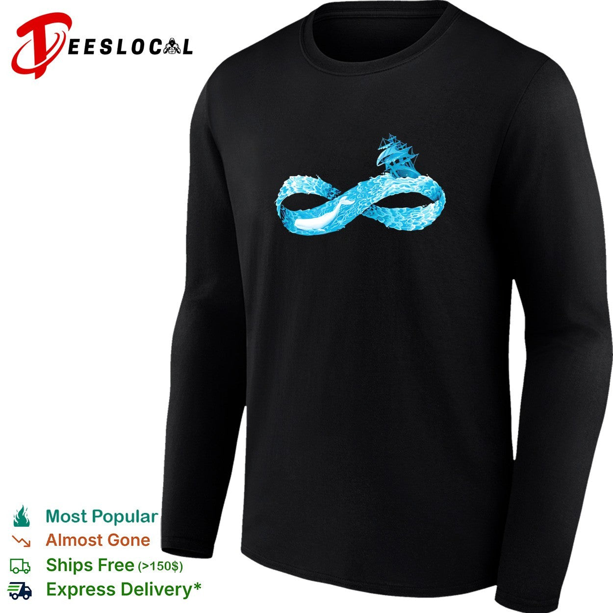 Infinity symbol formed by ocean waves whale swimming beneath sailing ship shirt