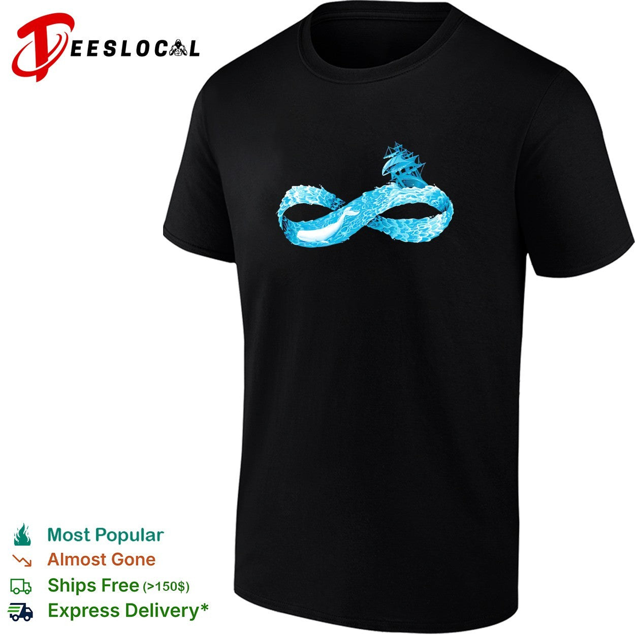 Infinity symbol formed by ocean waves whale swimming beneath sailing ship shirt