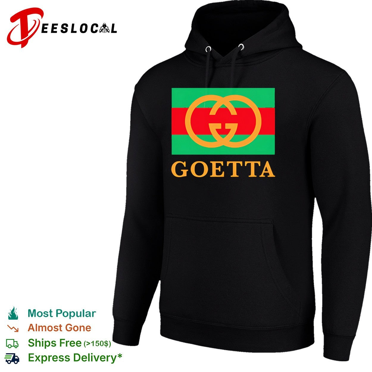 Interlocking rings logo on striped flag background reading goetta parody shirt