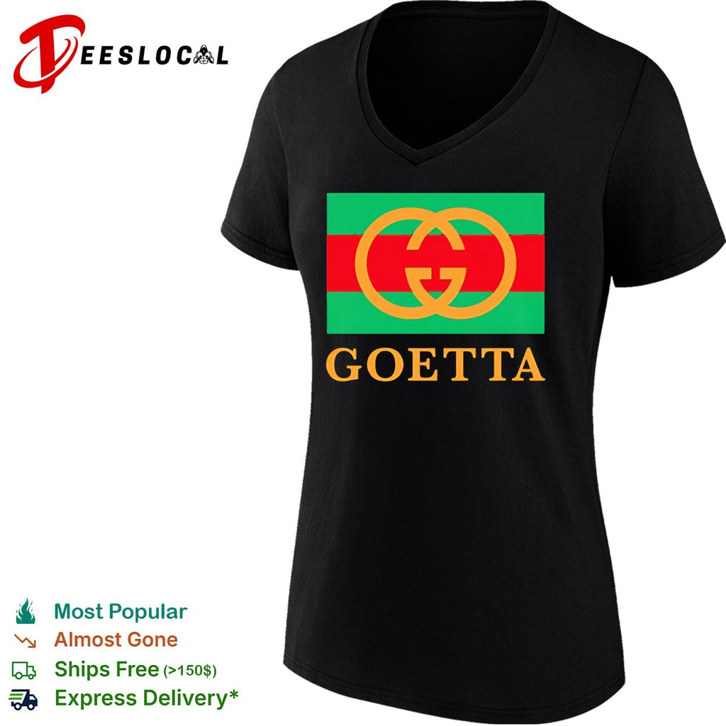 Interlocking rings logo on striped flag background reading goetta parody shirt