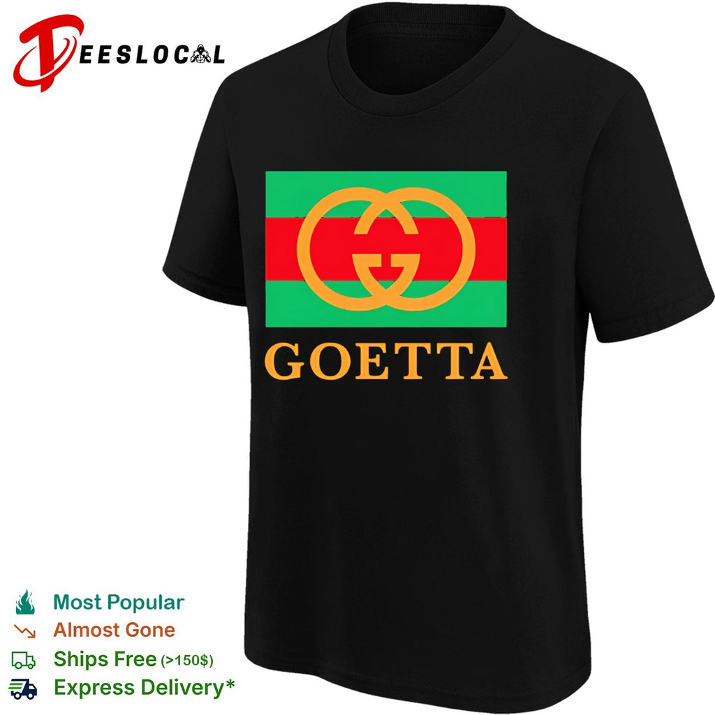 Interlocking rings logo on striped flag background reading goetta parody shirt