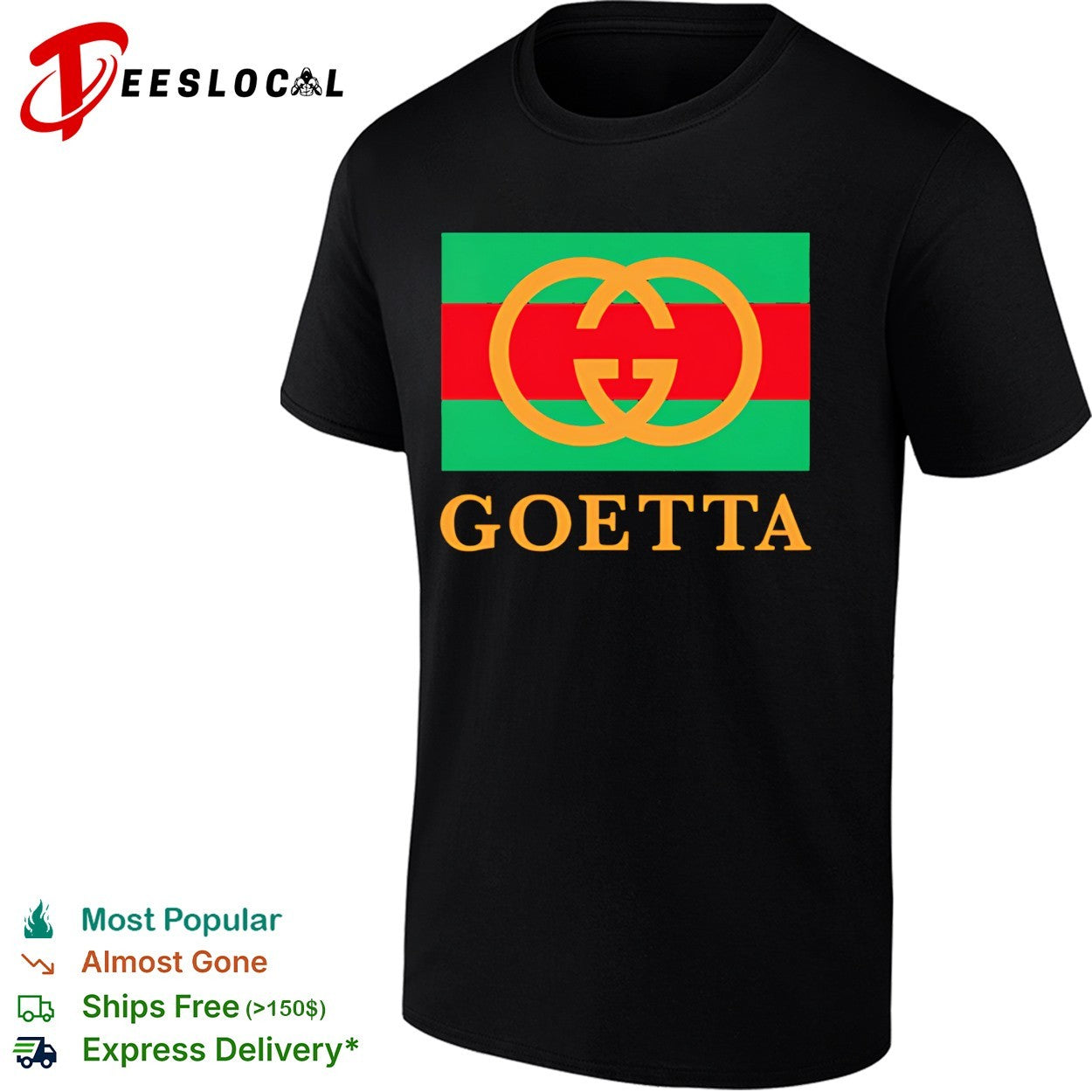 Interlocking rings logo on striped flag background reading goetta parody shirt